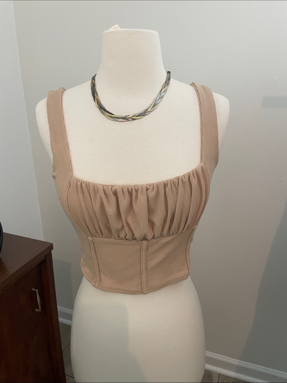 Le Lis Beige Ruched Ribbed Crop Top